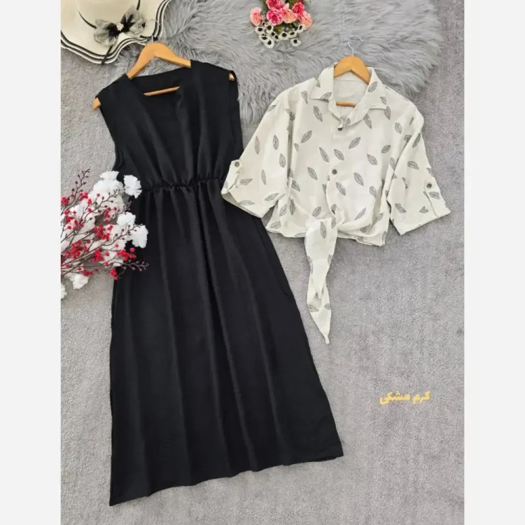 ست شومیز گره ای و سارافون شایلی جنس شانتون فری سایز رنگ نسکافه ای مشکی کرم مشکی