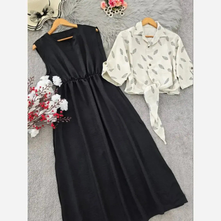 ست شومیز گره ای و سارافون شایلی جنس شانتون فری سایز رنگ نسکافه ای مشکی کرم مشکی