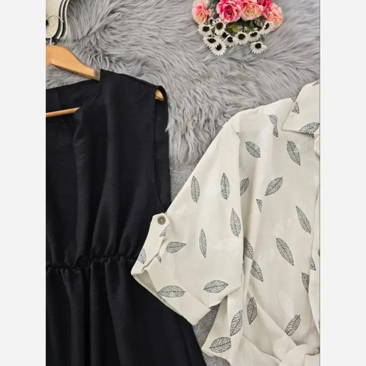 ست شومیز گره ای و سارافون شایلی جنس شانتون فری سایز رنگ نسکافه ای مشکی کرم مشکی