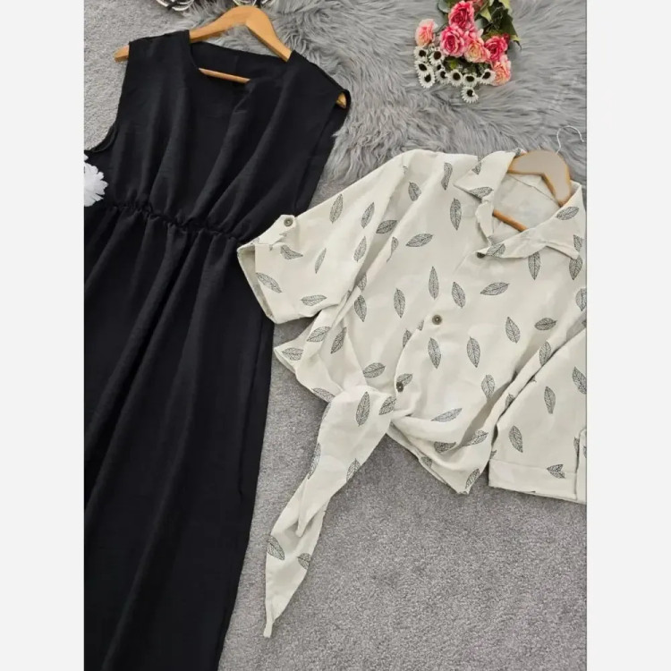 ست شومیز گره ای و سارافون شایلی جنس شانتون فری سایز رنگ نسکافه ای مشکی کرم مشکی