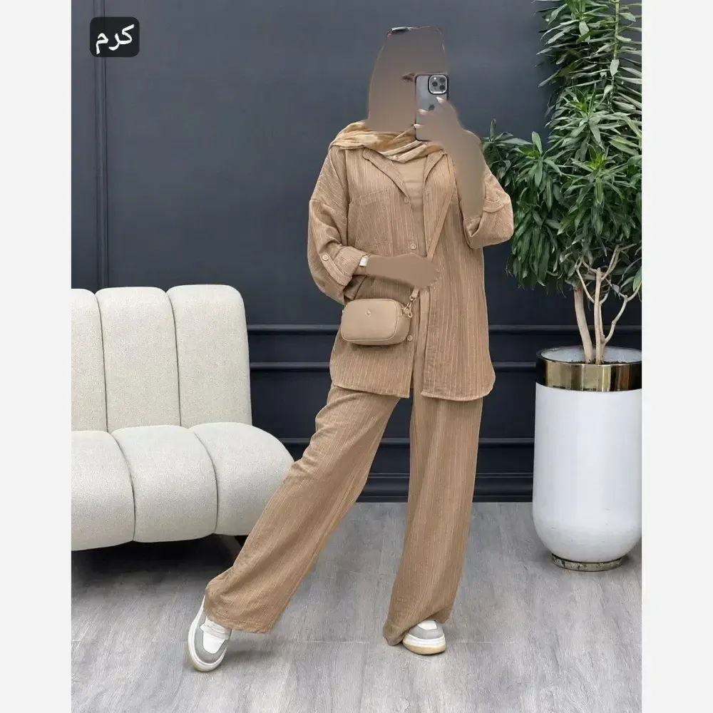 شومیز و شلوار زنانه سوپر ایوا بارونی درجه یک رنگ نسکافه ای روشن سایز 38 تا 48