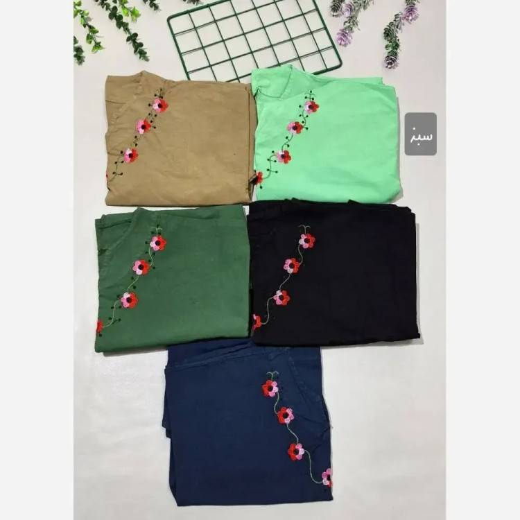 شومیز الیاف لاله گلدوزی شده قواره دار سایز 42 تا 50 رنگ نسکافه ای