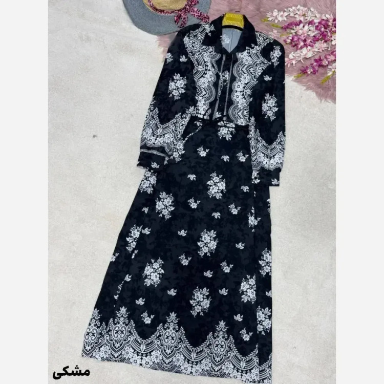 پیراهن ساحلی زنانه فلورنخ مدل زنبق رنگ مشکی سورمه ای نسکافه ای کله غازی فری سایز