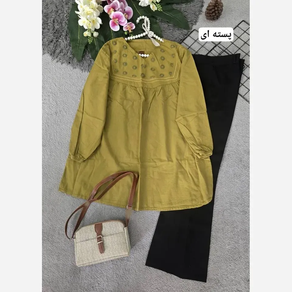 شومیز گلدوزی شده الیاف با کیفیت رنگ پسته ای فری سایز