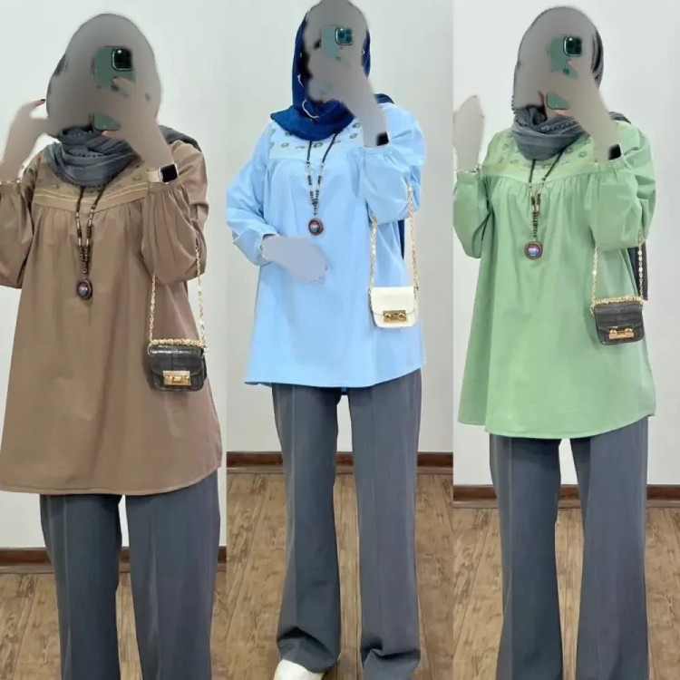شومیز گلدوزی شده الیاف با کیفیت رنگ پسته ای فری سایز