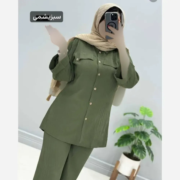 ست شومیز و شلوار زنانه مهدخت قواره دار لوک زیپی اعلا مشکی یشمی سایز 40 تا 52 فری