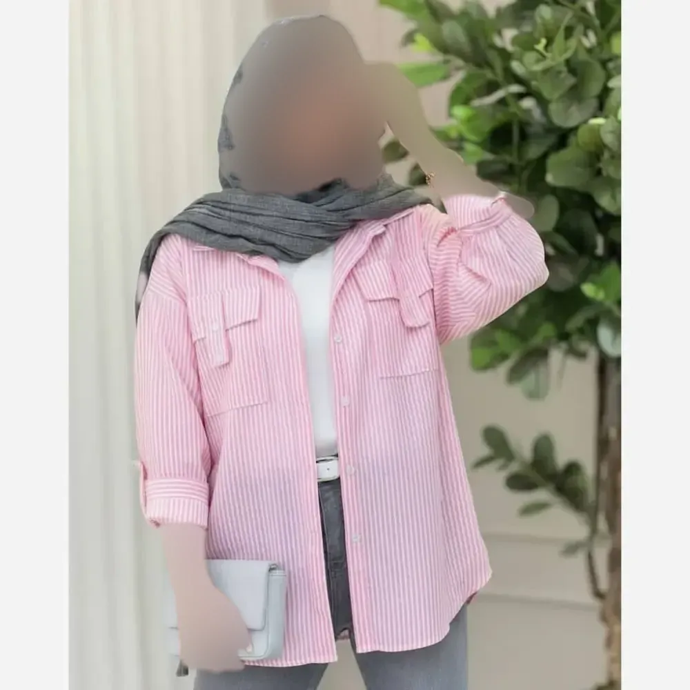 شومیز جیب صلیبی راه راه لنین لاکرا ایرانی رنگ صورتی سایز 38 تا 46