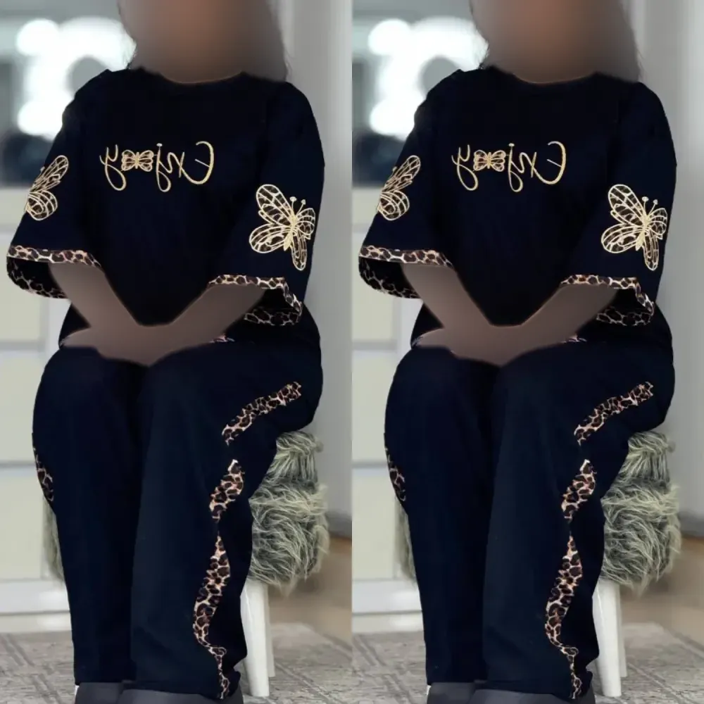 ست تیشرت و شلوار زنانه جنس پنبه گلکسی رنگ مشکی سایز فری سایز