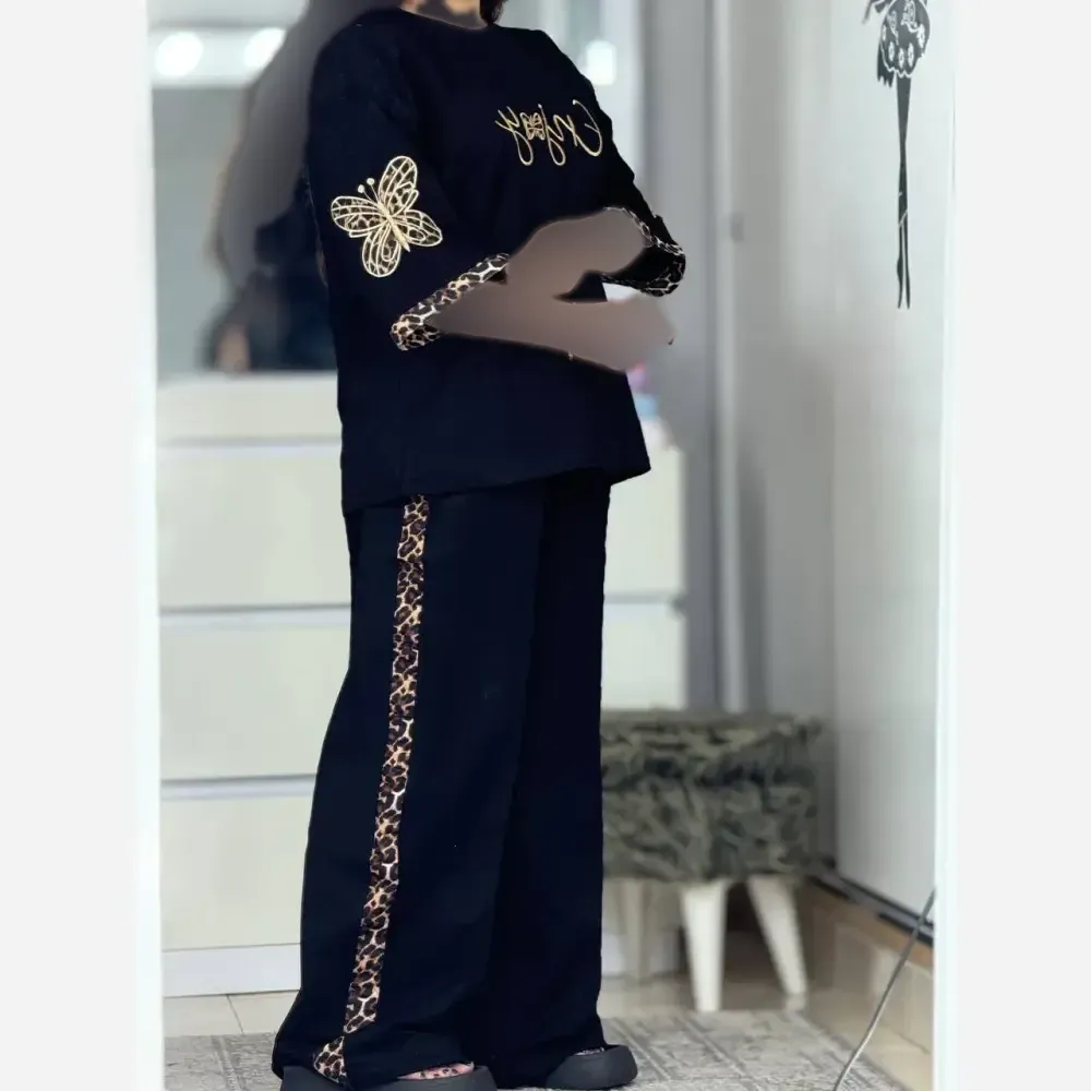 ست تیشرت و شلوار زنانه جنس پنبه گلکسی رنگ مشکی سایز فری سایز