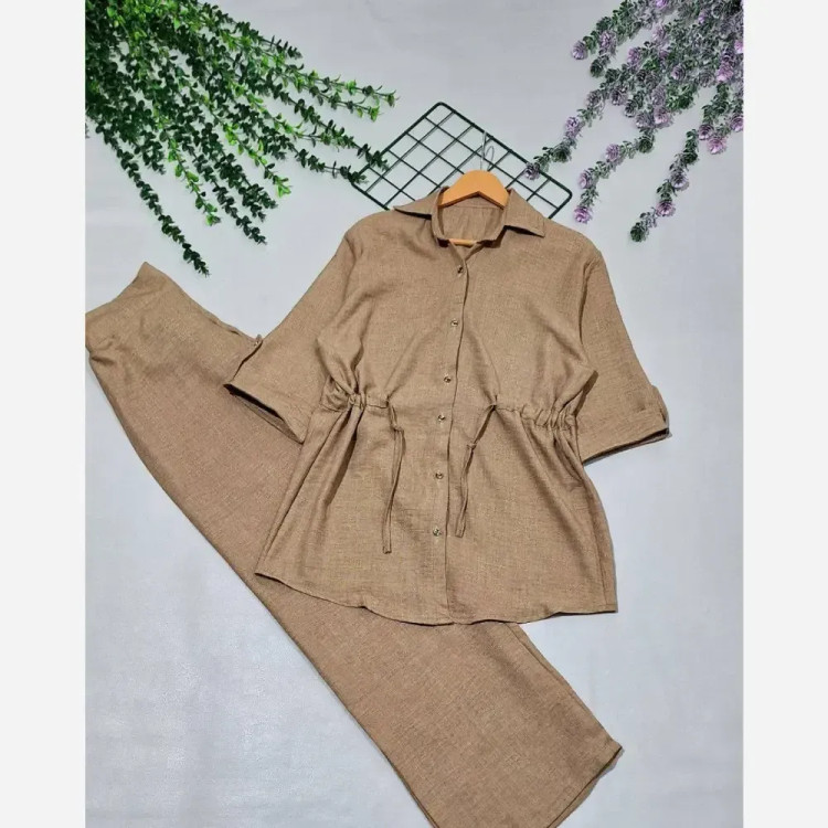 ست شومیز شلوار کمرگت شانتون تایوان درجه یک رنگ نسکافه ای سایز 38 تا 46