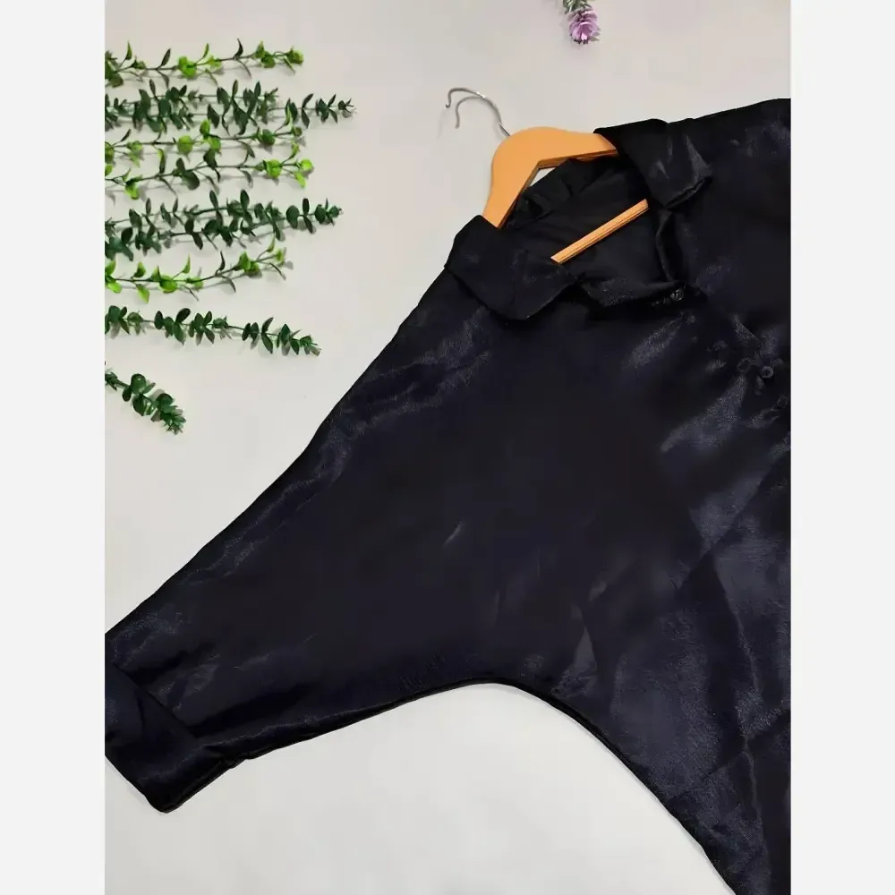 شومیز ساتن ابریشم رضوان مشکی سایز 38 تا 46