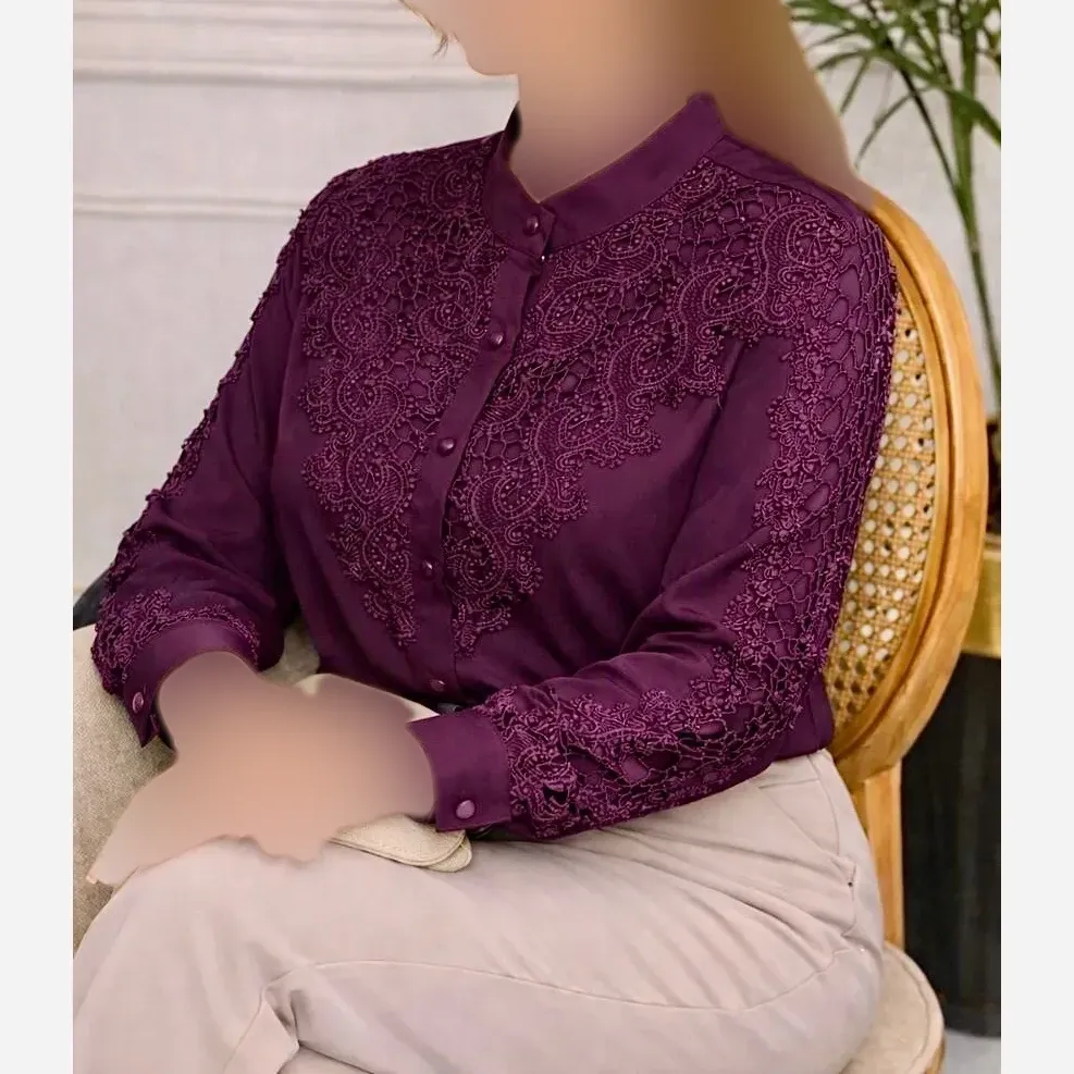 شومیز مجلسی زنانه جنس الیزه مصری با خرج کار گیپور ترک سایز 1 تا 3