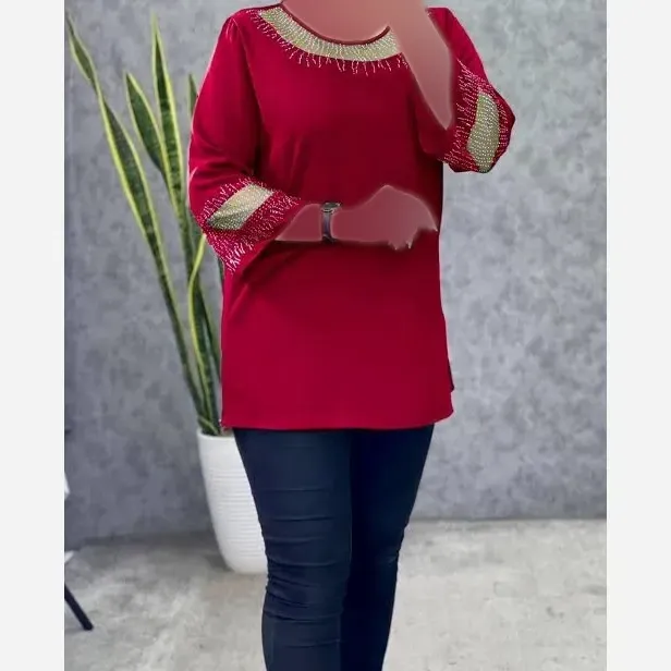 بلوز زنانه مجلسی قواره دار سایز بزرگ کرپ الیزه و حریر نگین کاری شده