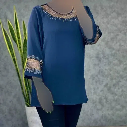 بلوز زنانه مجلسی قواره دار سایز بزرگ کرپ الیزه و حریر نگین کاری شده