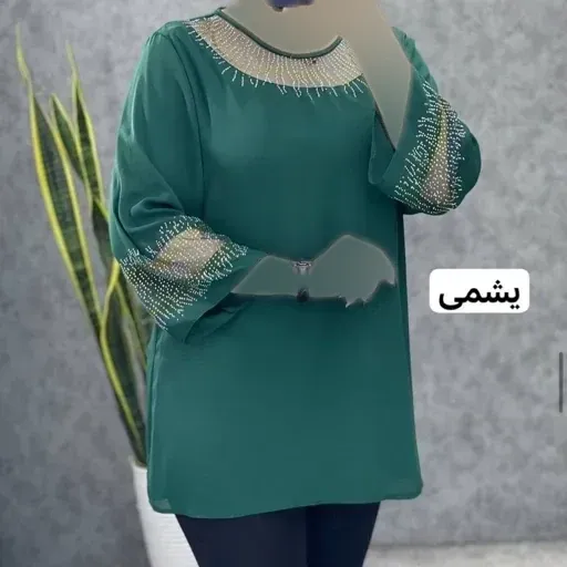 بلوز زنانه مجلسی قواره دار سایز بزرگ کرپ الیزه و حریر نگین کاری شده