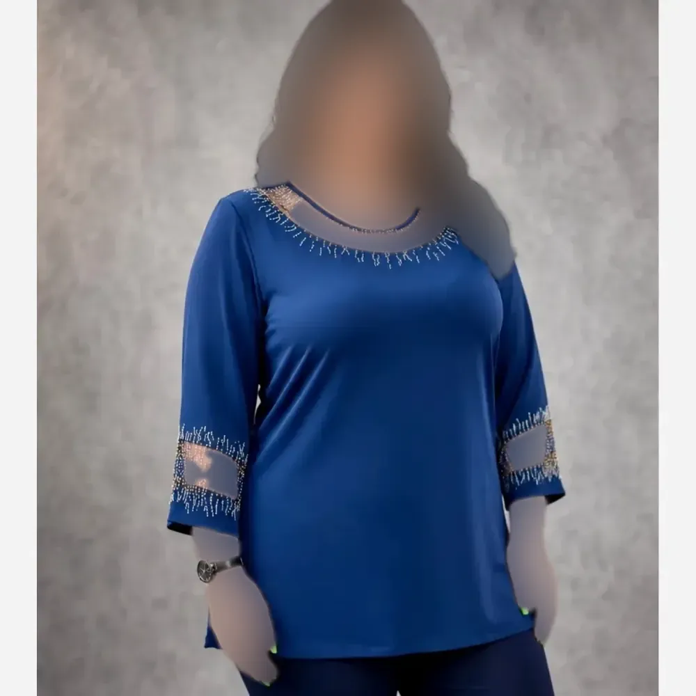 بلوز زنانه مجلسی قواره دار سایز بزرگ کرپ الیزه و حریر نگین کاری شده