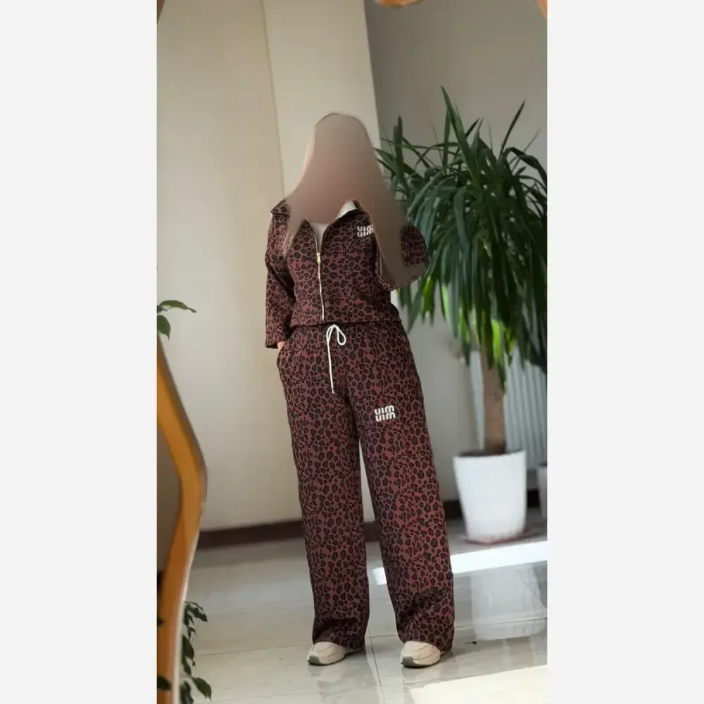 ست سویشرت شلوار پلنگی مازراتی زنانه قهوه ای فری سایز