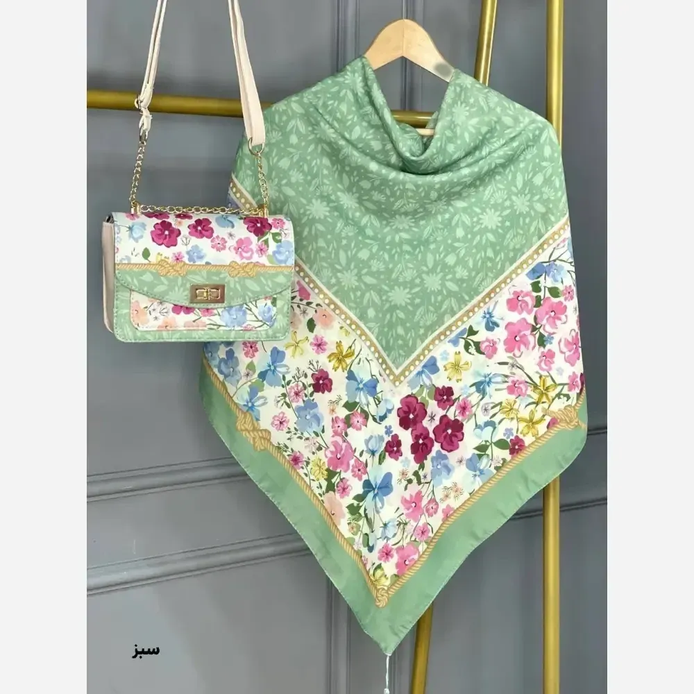 ست کیف و روسری آنام مخمل و چرم صنعتی نخی منگوله دار رنگبندی صورتی طوسی سبز قواره 130 سایز کیف 17×23