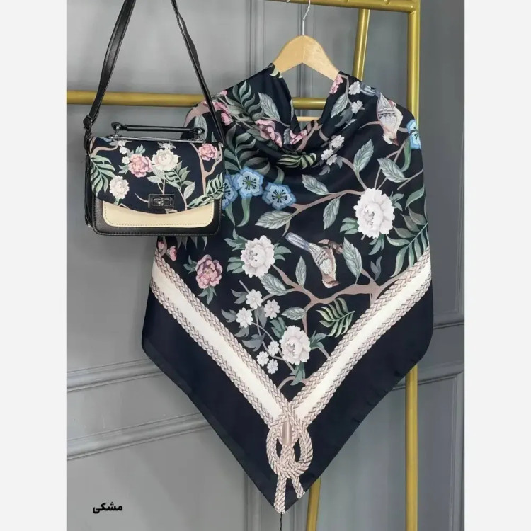 ست کیف و روسری گلاره مخمل و چرم صنعتی نخی منگوله دار قواره 130