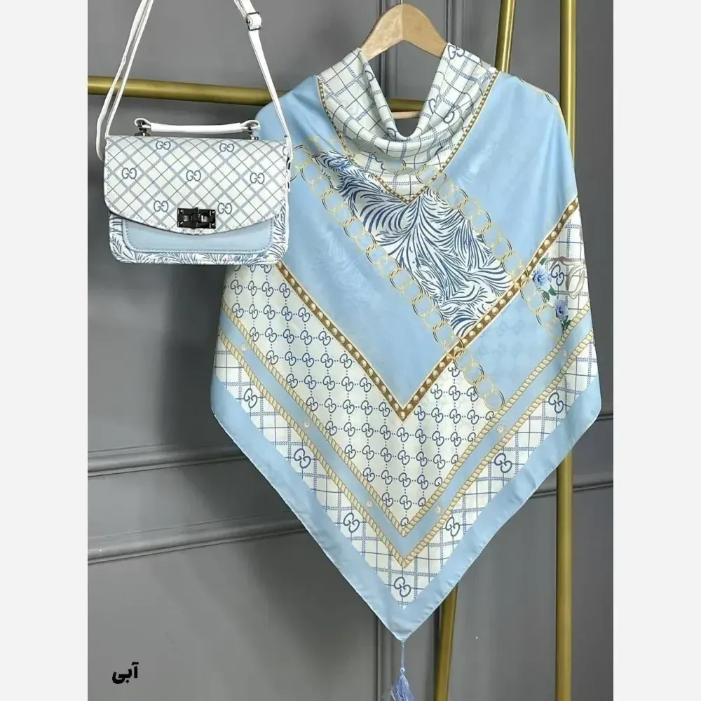 ست کیف و روسری طرح گوچی مخمل و چرم صنعتی با روسری نخی منگوله دار سایز 130