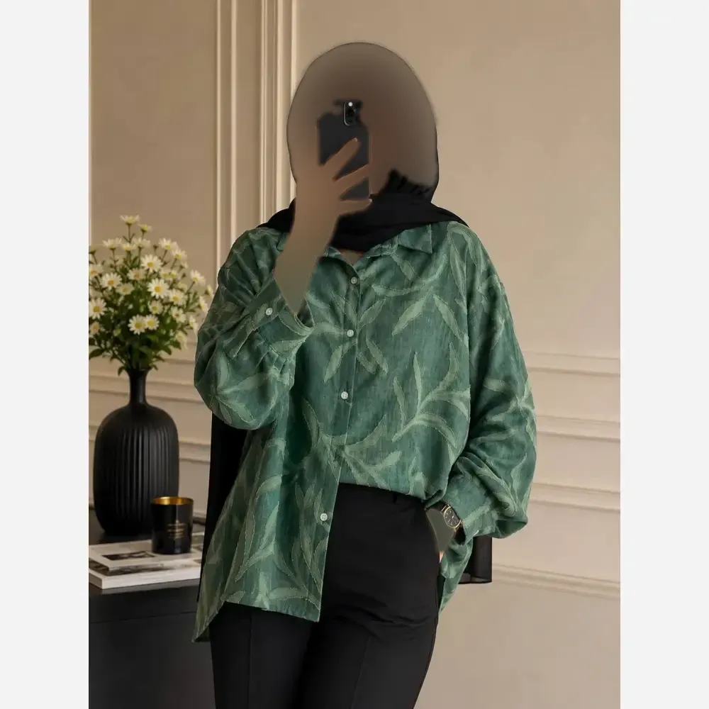 شومیز دیانا جنس کسمه فری سایز تا 44 رنگ سبز کرم نسکافه ای قد 70cm
