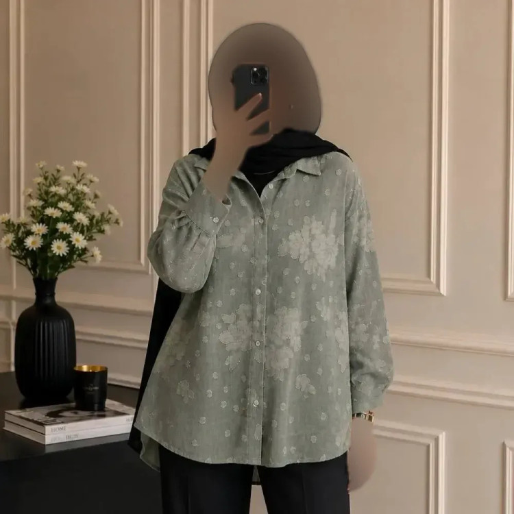 شومیز گلچهره زنانه جنس کسمه فری سایز تا 44 سبز نسکافه ای قد 70cm