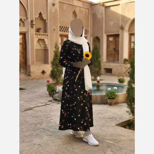 پیراهن پروانه طلایی مشکی فری سایز سوپرسافت یقه چین دار آستین مچی کمر کش قد 140