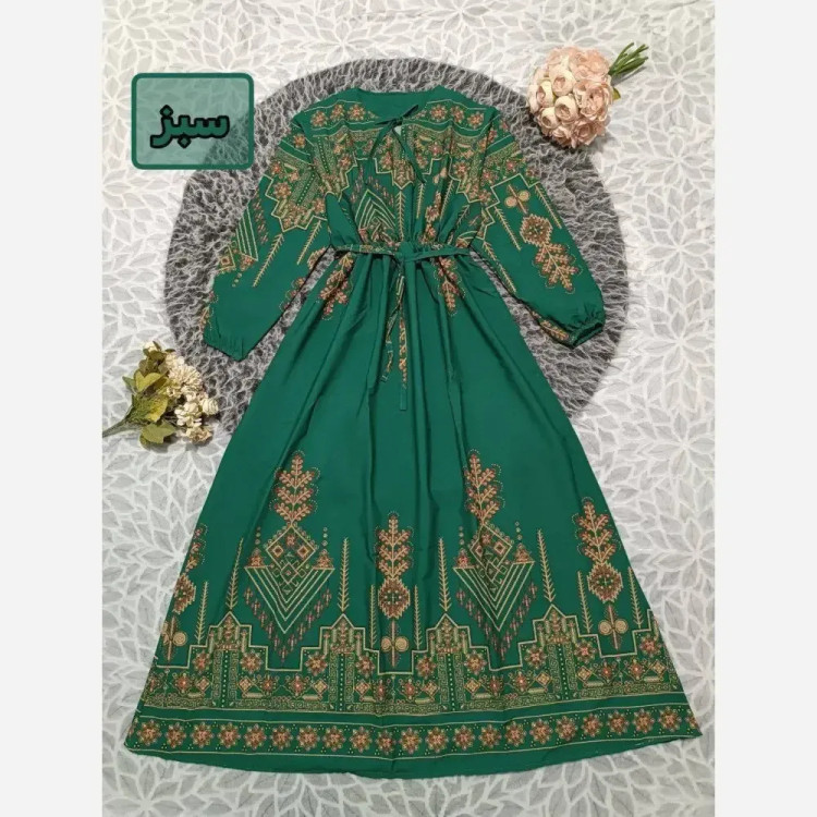 پیراهن کتیبه کلوش زنانه فری سایز جنس بوگاتی اعلاء قد 140