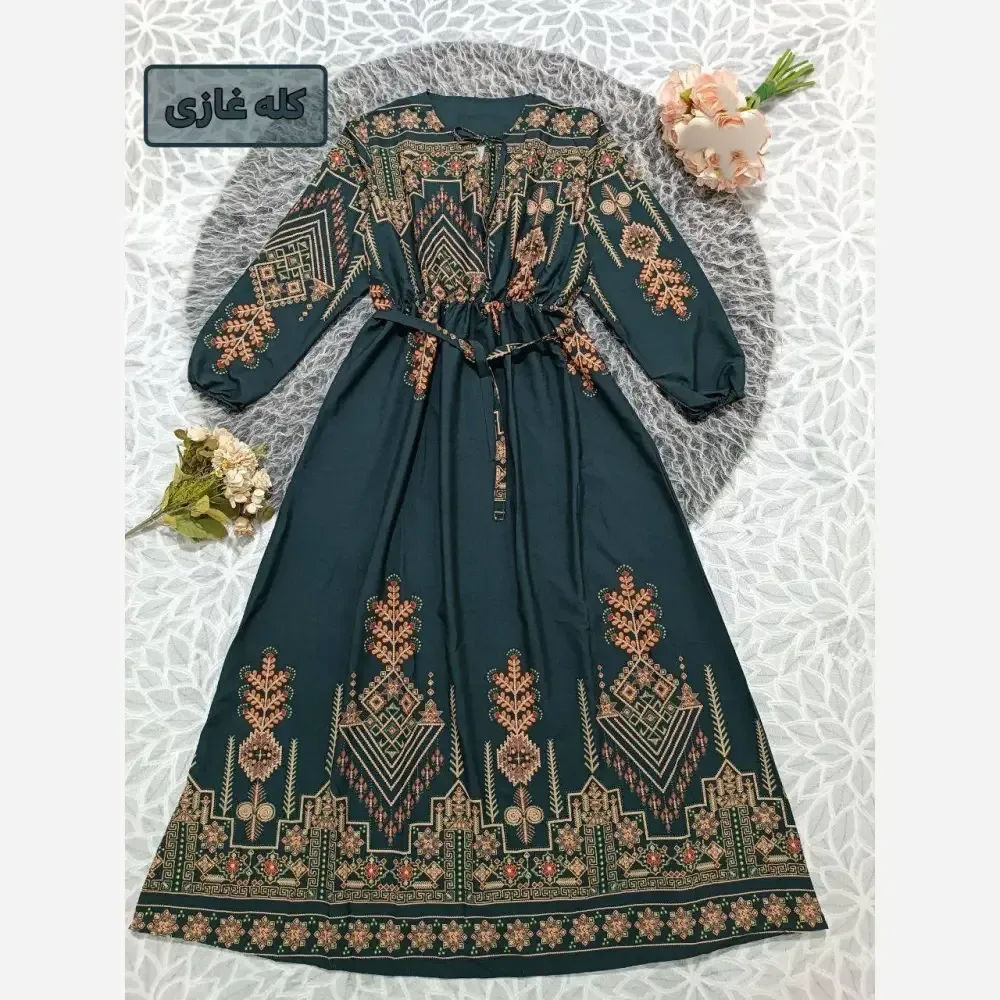 پیراهن کتیبه کلوش زنانه فری سایز جنس بوگاتی اعلاء قد 140