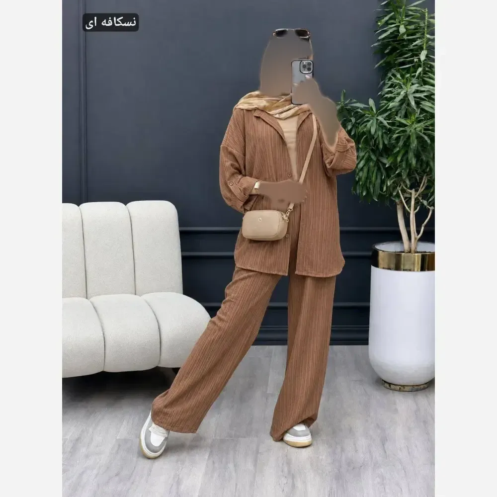 ست سحر شومیز و شلوار زنانه جنس سوپرایوا درجه یک فری سایز رنگ نسکافهای تیره و روشن