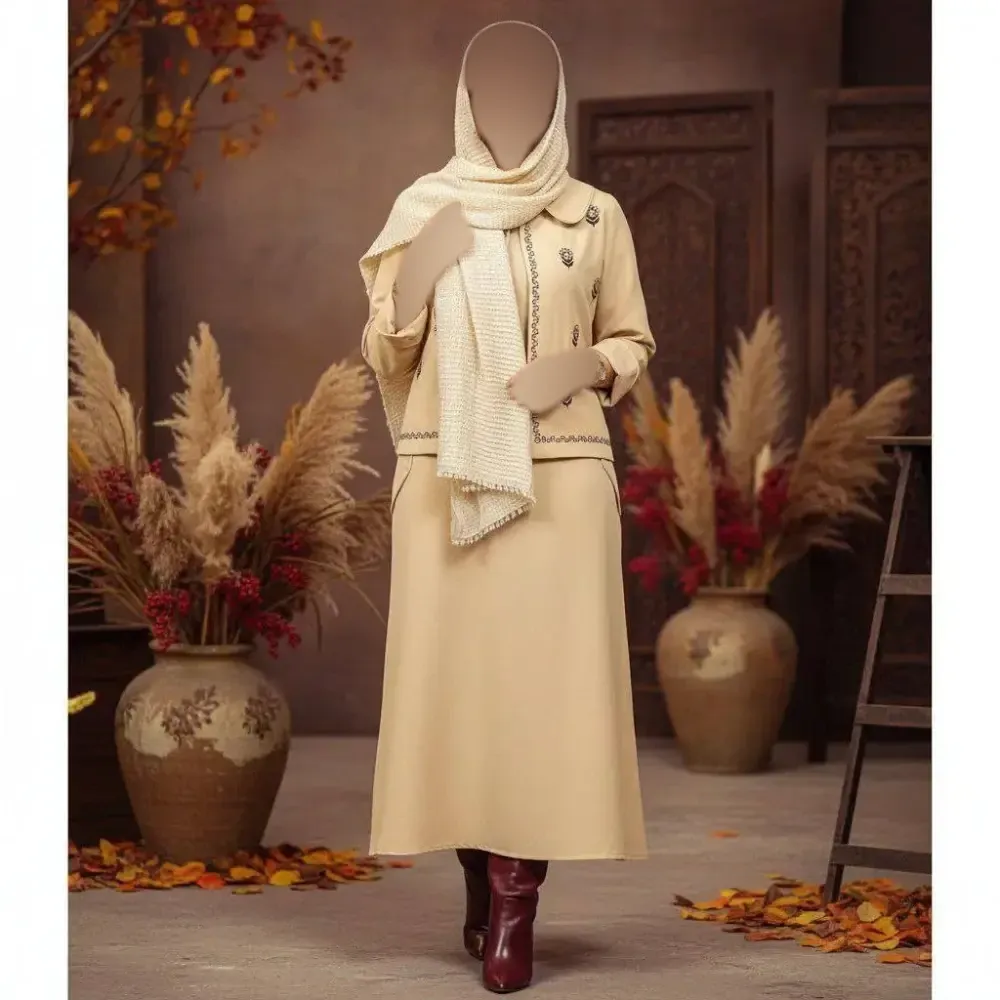 کت سارافون زنانه ماهرخ لینن هندی کرم فری سایز تا 46 گلدوزی شده جیب دار کلوش