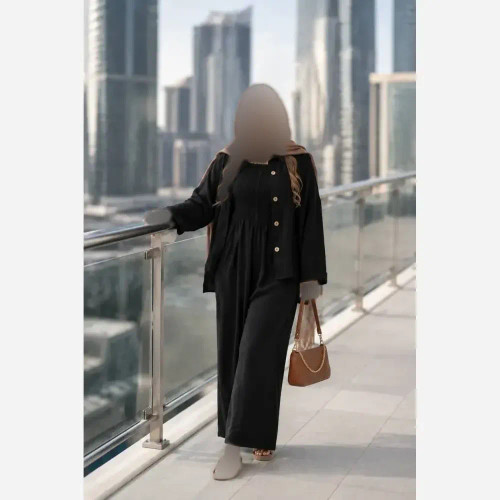 ست اورال و مانتو گلاره مشکی جنس صوفیا شانتون اعلا سایز یک و دو