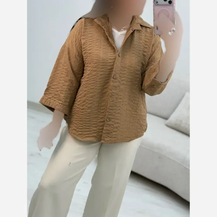 شومیز مراکشی مهشید شانتون کوک دوزی فول نگین فری سایز نسکافه ای پسته ای کنفی