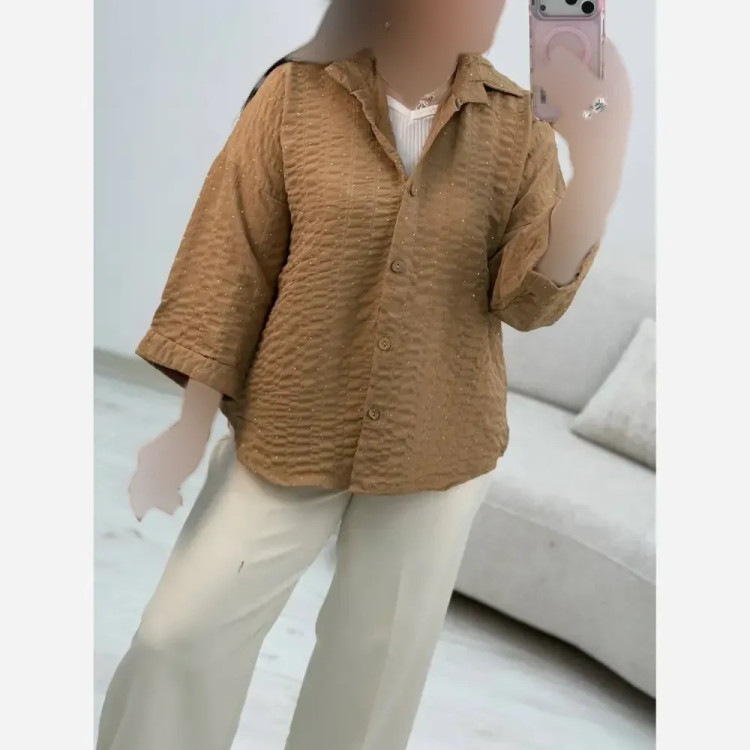 شومیز مراکشی مهشید شانتون کوک دوزی فول نگین فری سایز نسکافه ای پسته ای کنفی