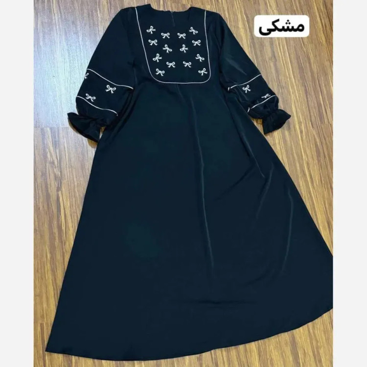 مانتو عبایی پاپیون الیزه فری سایز 38-50 مشکی کله غازی شتری گلدوزی نقره ای