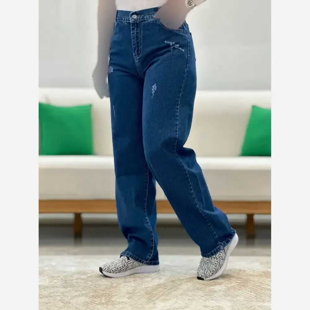 شلوار بگ جین زنانه سنگشور شده پشت کشدار