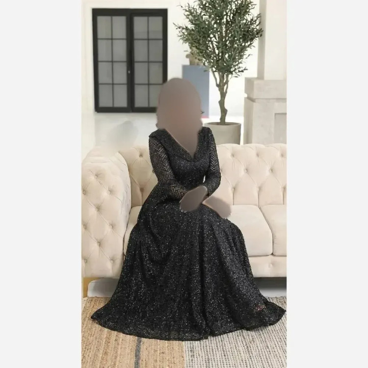پیراهن مجلسی زنانه گیپور دانتل سنگدوزی مشکی کاپدار سایز بزرگ