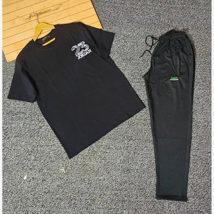 ست تیشرت پنبه سوپر و شلوار اسپان نخ مردانه مشکی سایز L XL 2XL 3XL