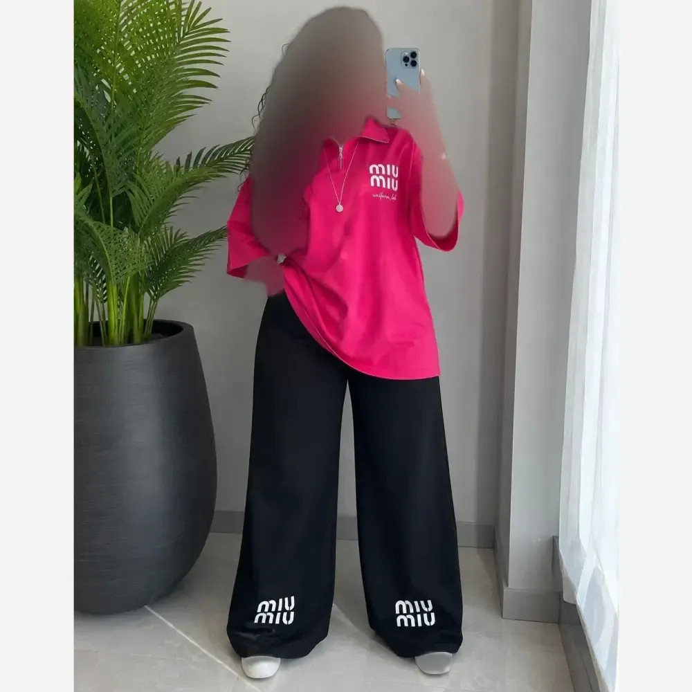 ست تیشرت و شلوار بگ گلکسی نخ پنبه اعلاء زنانه فری سایز تا 48 Miu Miu