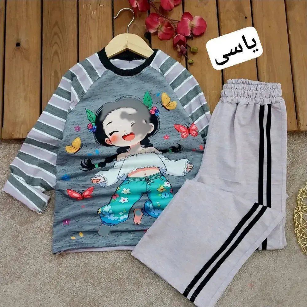 ست بلوز و شلوار دخترانه سایز بزرگ طرح نیم تنه جنس ملانژ پنبه و دورس اسپان