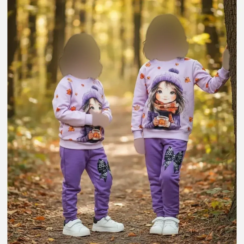 ست بلوز و شلوار دخترانه پاییزی جنس اسپان دورس رنگ یاسی و صورتی