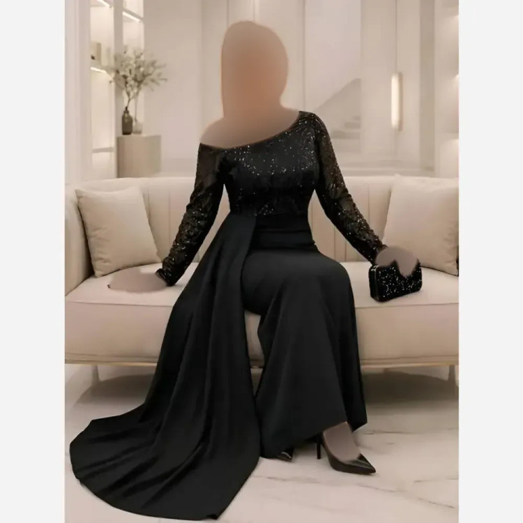 پیراهن مجلسی زنانه بالا تنه پولک برجسته و دامن مازراتی رنگ مشکی سایز بزرگ و نرمال
