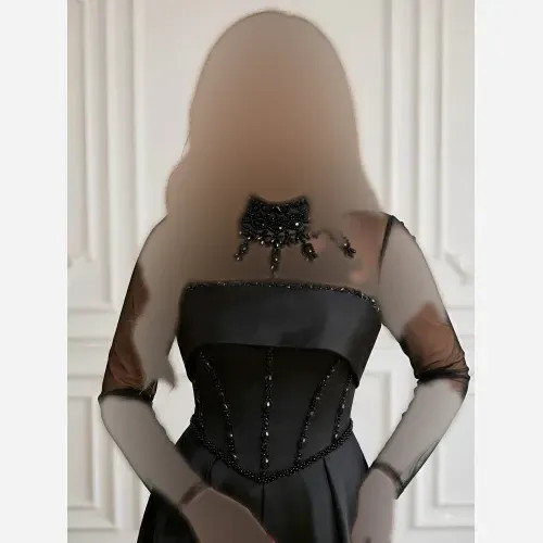 لباس مجلسی زنانه ساتن آمریکایی سنگ دوزی شده و تور مژگان مشکی سایز بزرگ