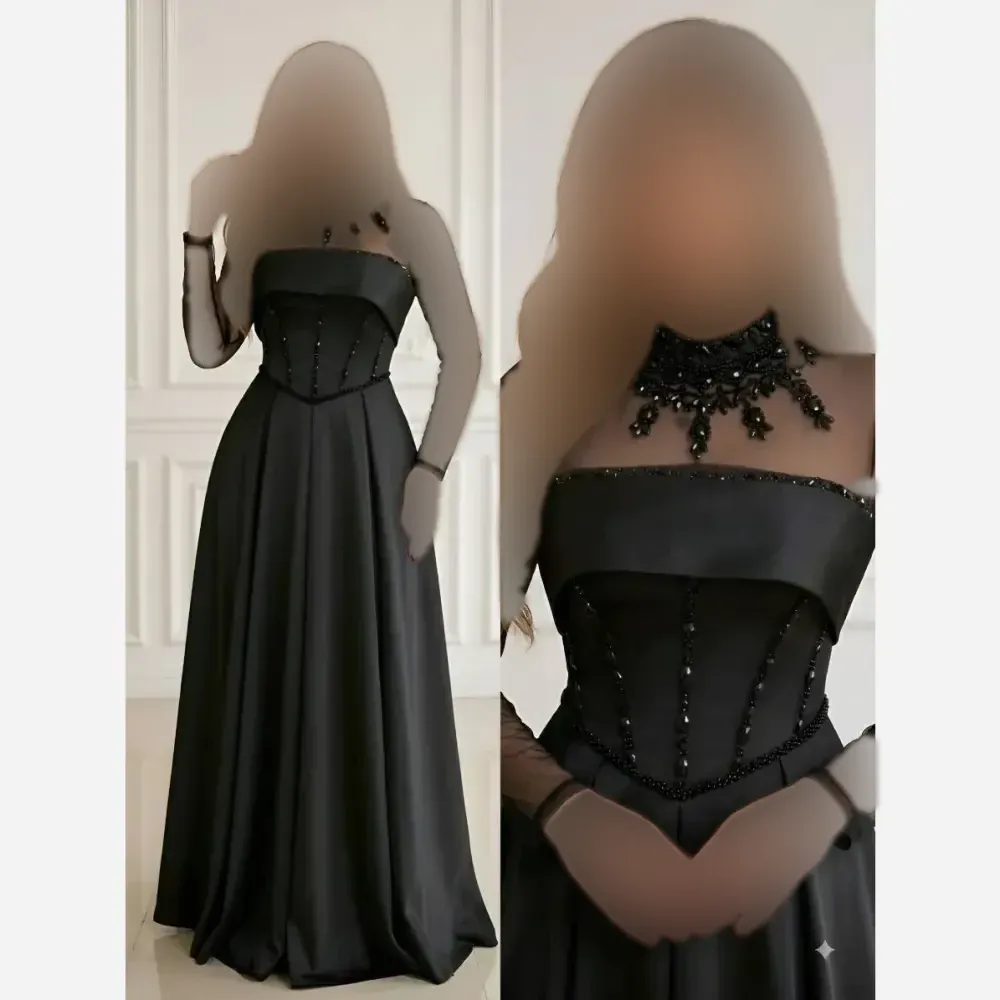 لباس مجلسی زنانه ساتن آمریکایی سنگ دوزی شده و تور مژگان مشکی سایز بزرگ
