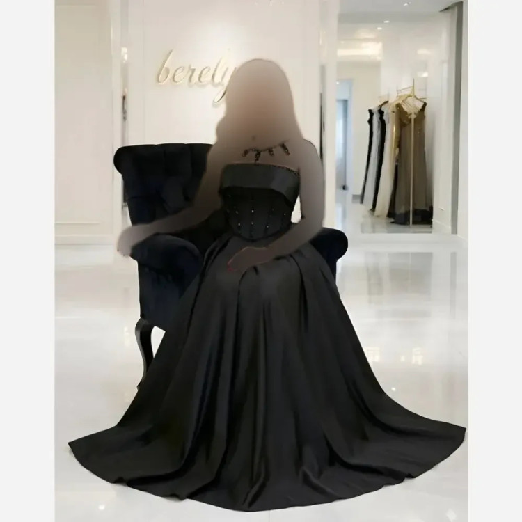 لباس مجلسی زنانه ساتن آمریکایی سنگ دوزی شده و تور مژگان مشکی سایز بزرگ