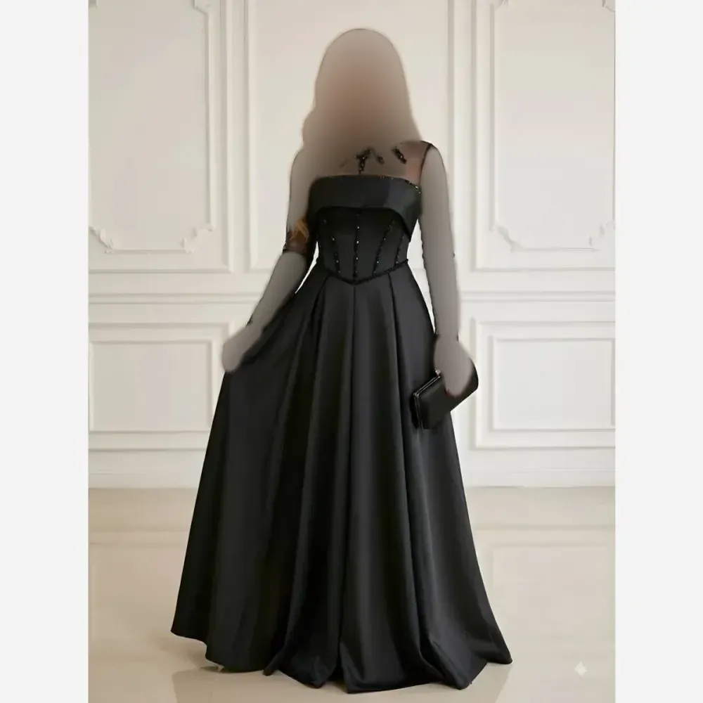 لباس مجلسی زنانه ساتن آمریکایی سنگ دوزی شده و تور مژگان مشکی سایز بزرگ