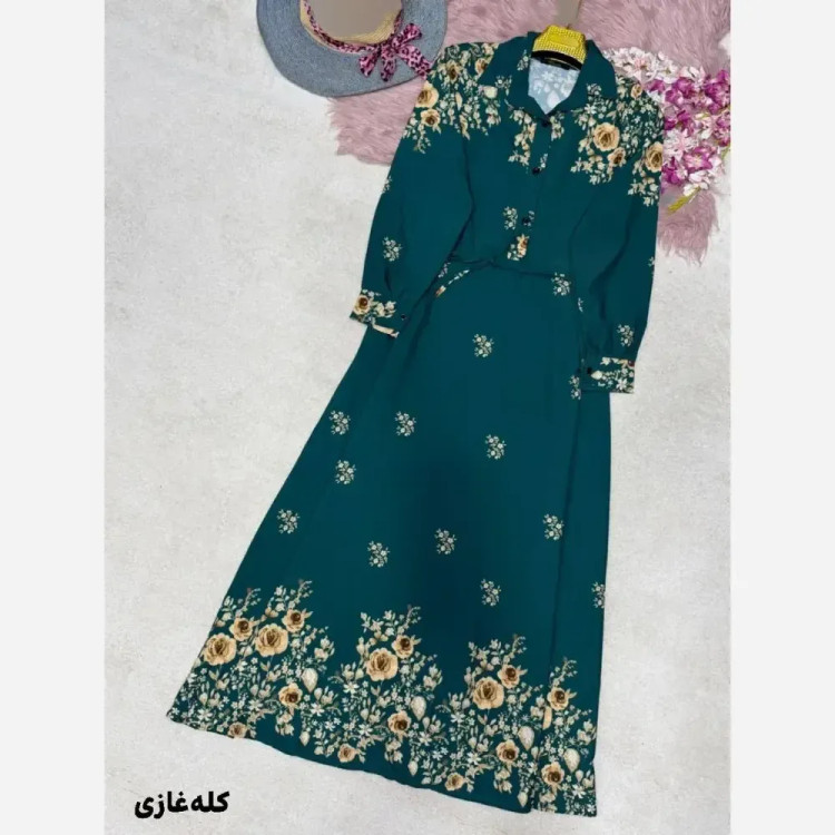پیراهن ساحلی رز کرپ بوگاتی زنانه فری سایز سورمهای صورتی کلهغازی طلایی