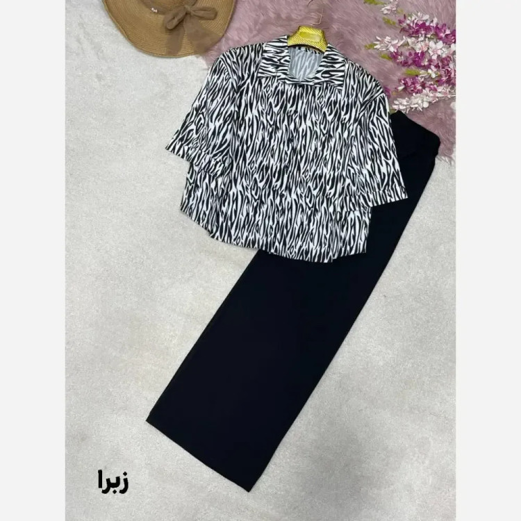 شومیز شلوار طرح دار کرپ بوگاتی فری سایز 38 تا 46