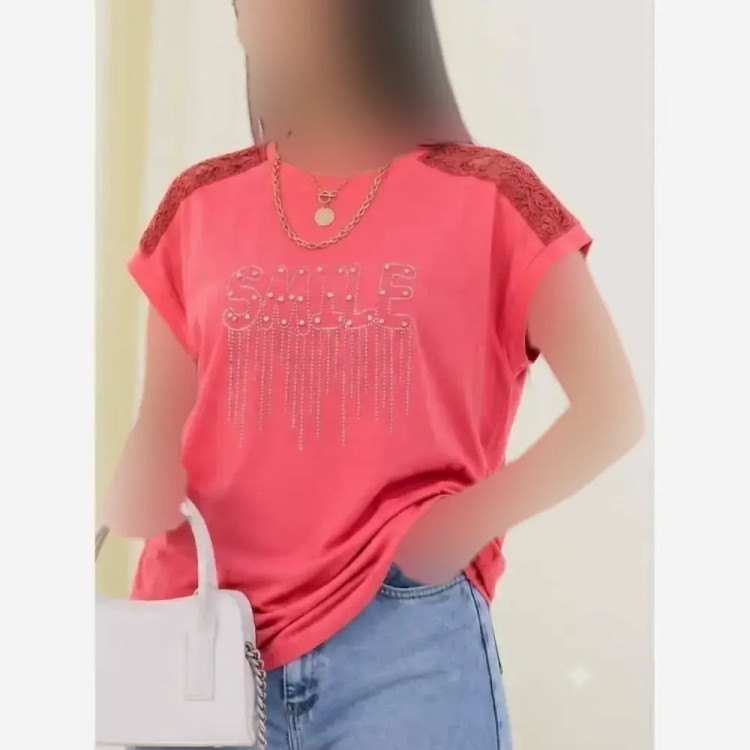 شومیز باکسی نگینی طرح SMILE نخ پنبه صورتی فری سایز