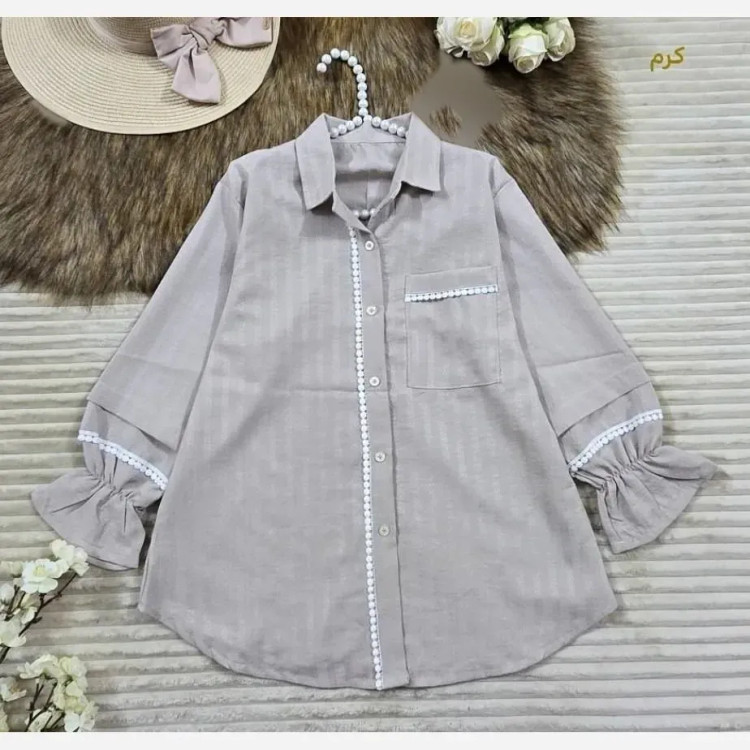 شومیز آستین عروسکی دانتل دار شانتون بخیه ای کرم فری سایز منظومه